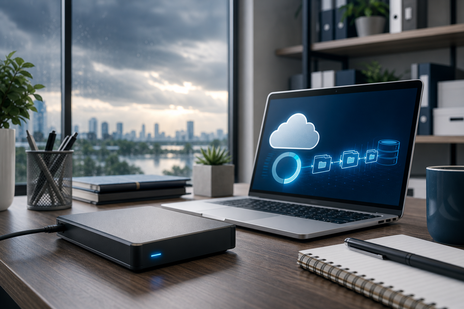 Backup drive and laptop prepared for data recovery