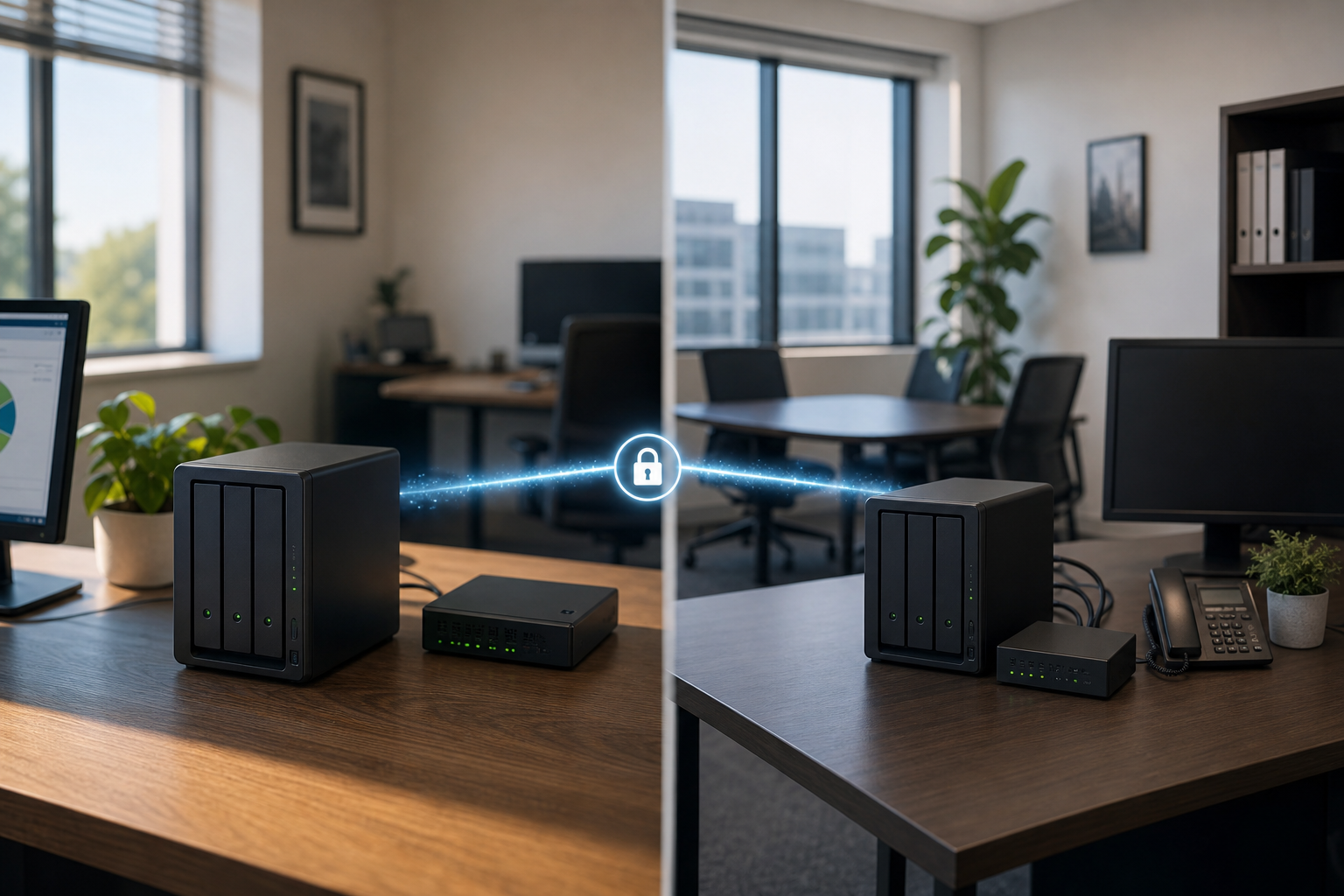 Two office backup devices connected securely